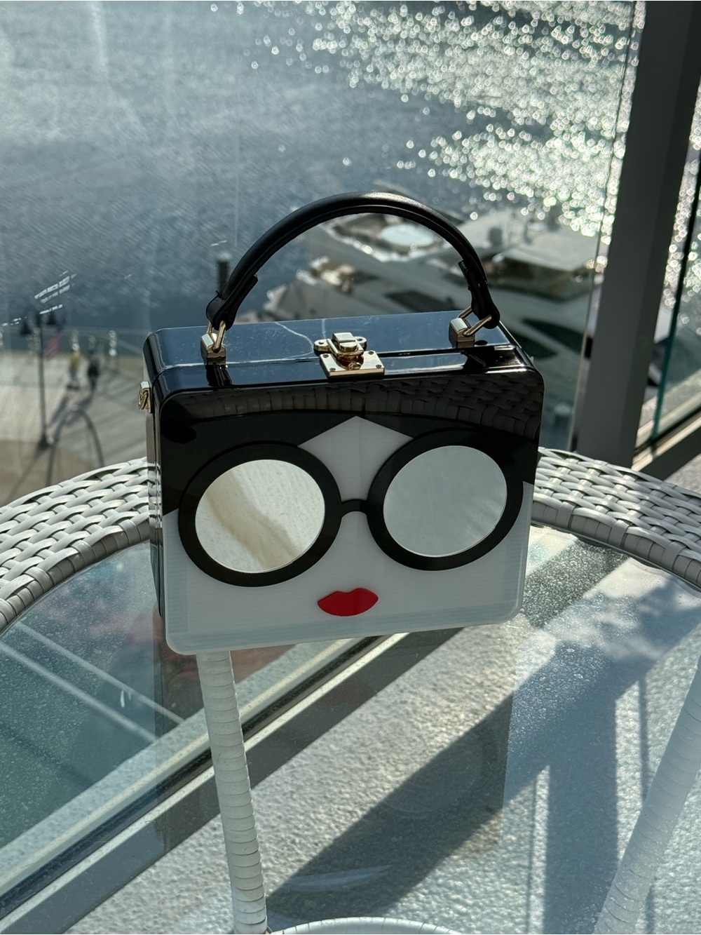 Novelty Black and White Face-Design Top-Handle Bag - Red Accent